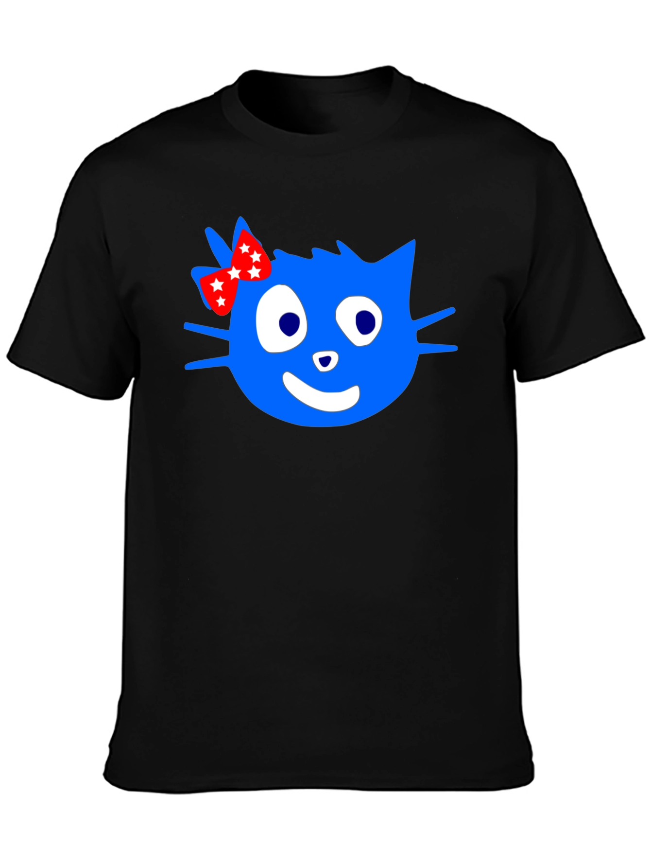 Blue Cartoon Cat with Bow Graphic T-Shirt