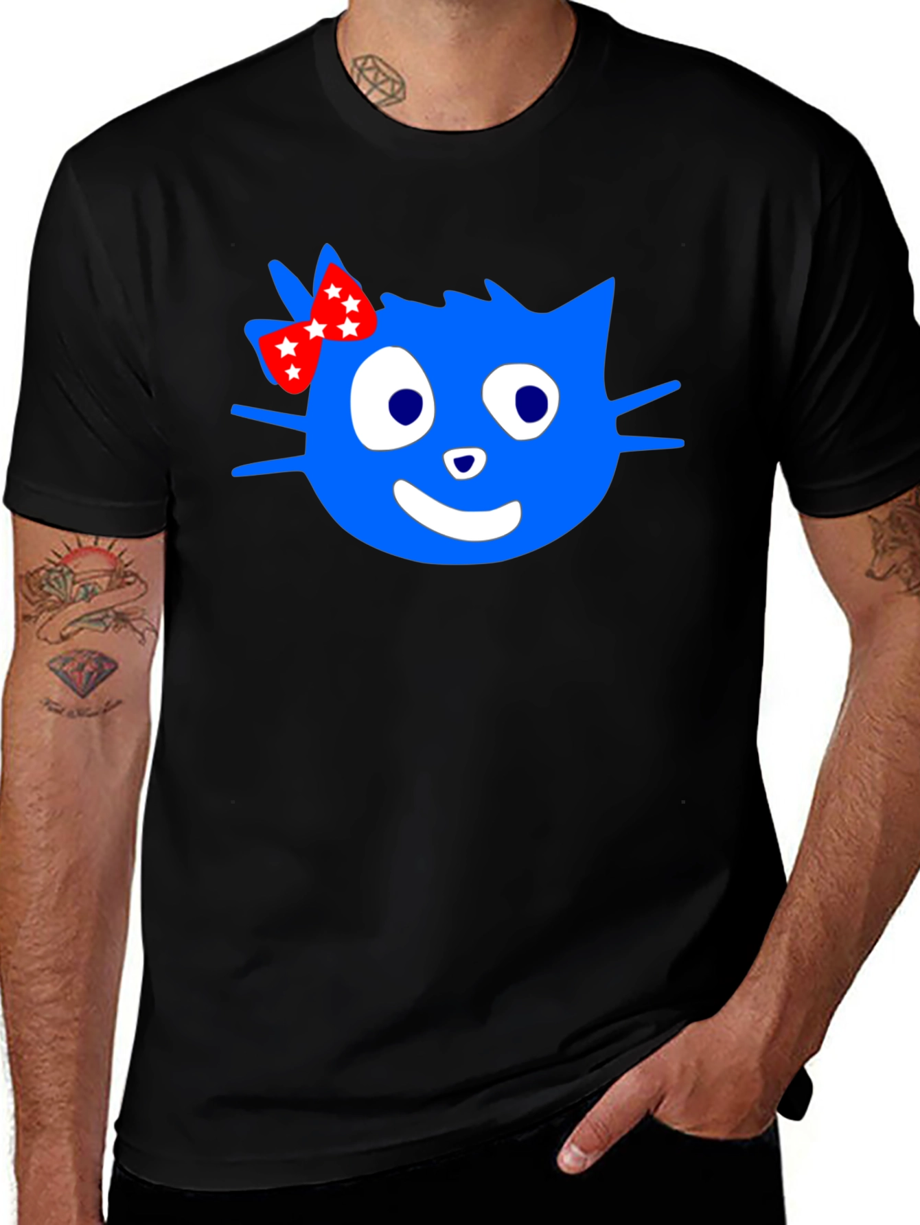 Blue Cartoon Cat with Bow Graphic T-Shirt