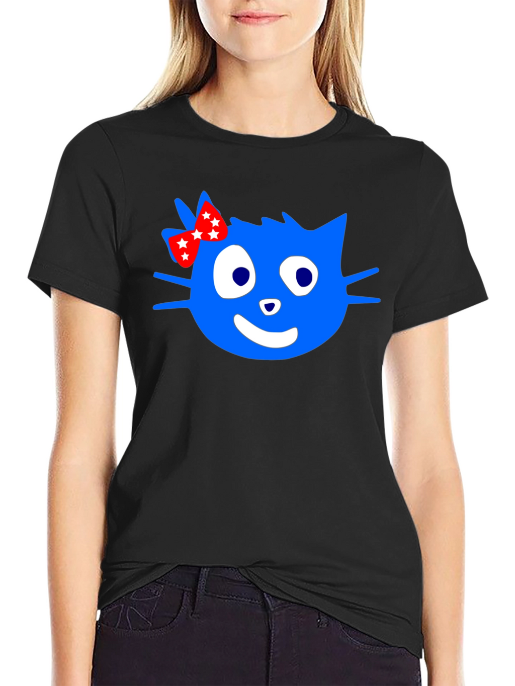Blue Cartoon Cat with Bow Graphic T-Shirt