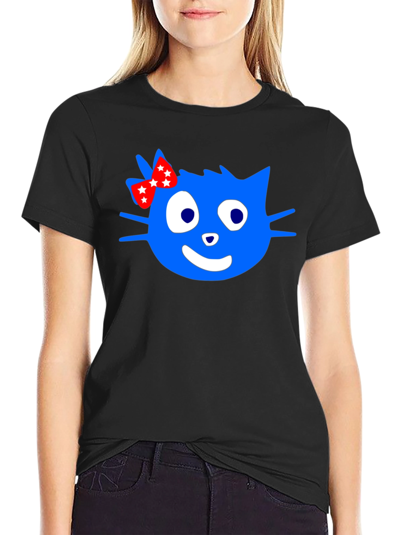 Blue Cartoon Cat with Bow Graphic T-Shirt