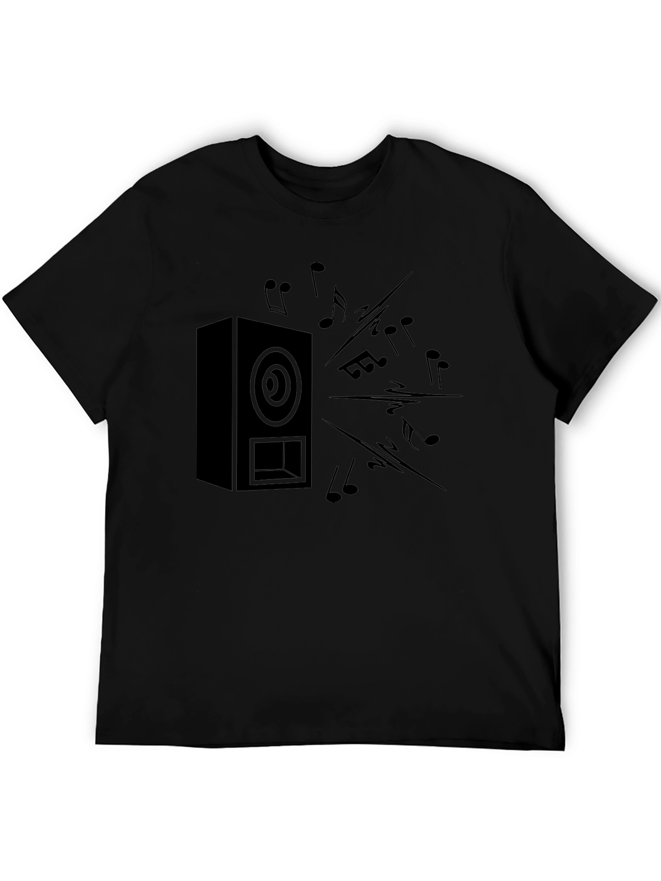 Black Speaker & Music Notes Graphic T-Shirt