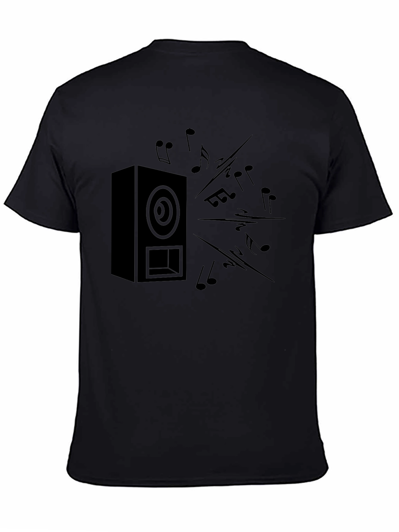 Black Speaker & Music Notes Graphic T-Shirt