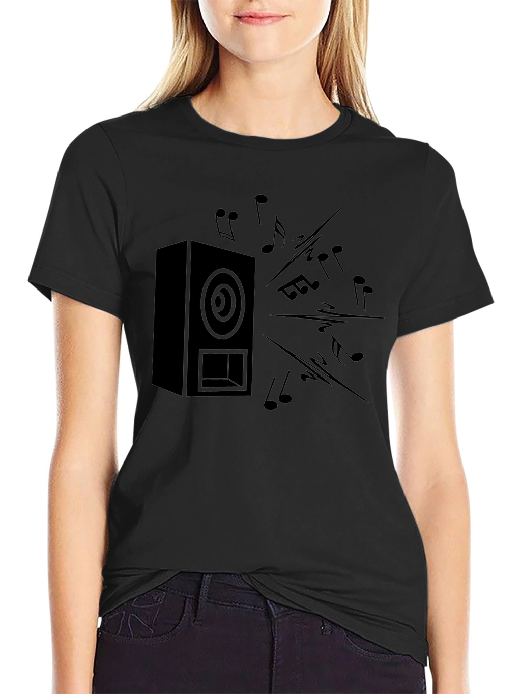 Black Speaker & Music Notes Graphic T-Shirt