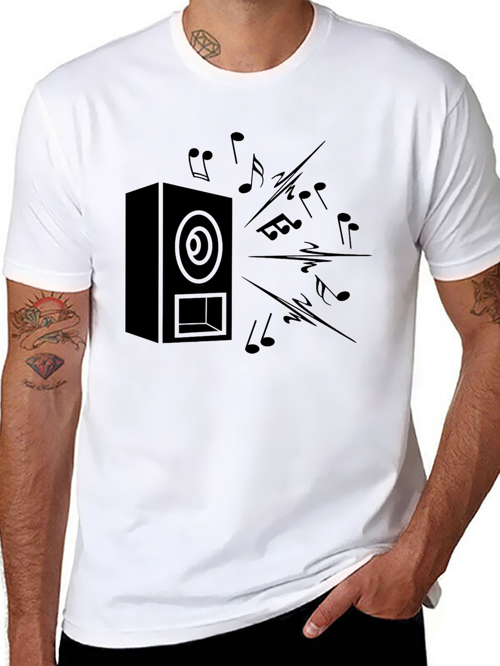 Black Speaker & Music Notes Graphic T-Shirt