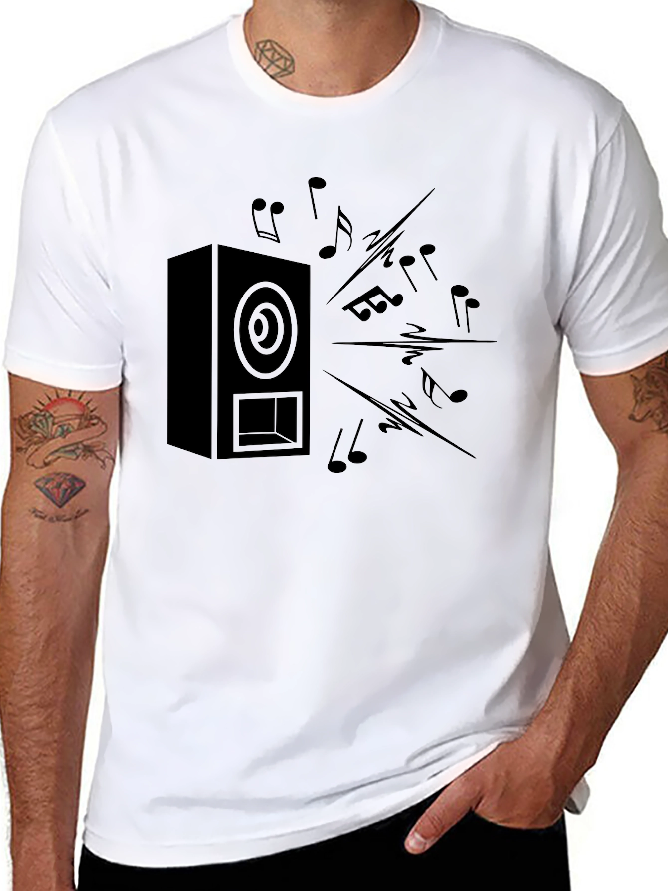 Black Speaker & Music Notes Graphic T-Shirt