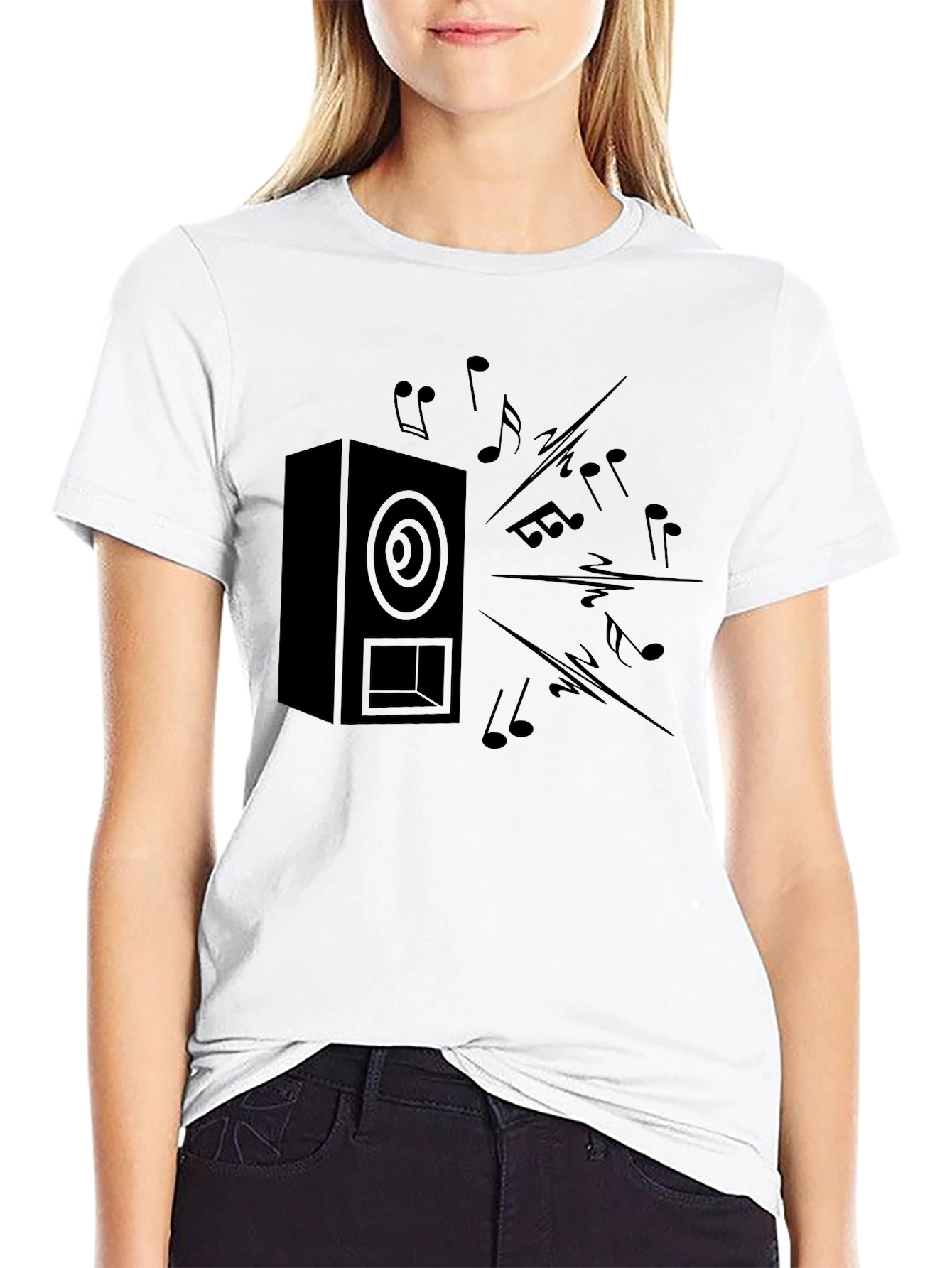 Black Speaker & Music Notes Graphic T-Shirt