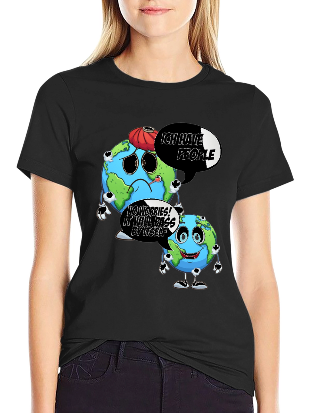Cartoon Earth Graphic Black T-Shirt