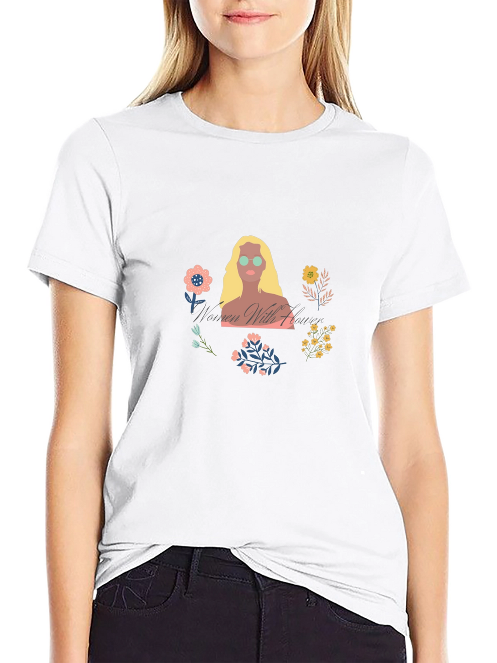 Women with Flowers Graphic Tee - Black
