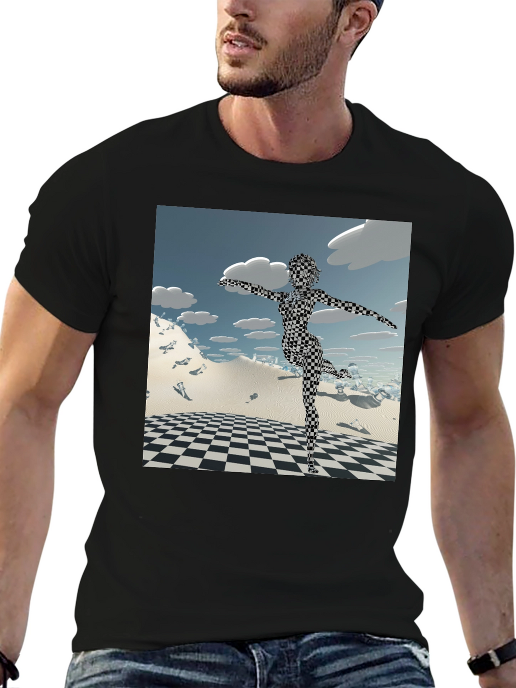 Abstract Black Tee: Checkered Figure