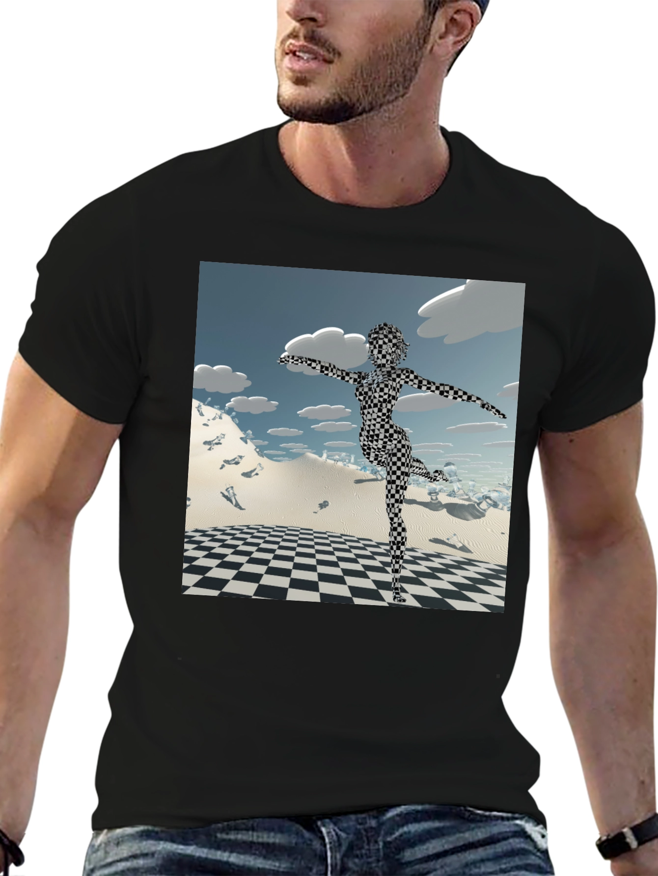 Abstract Black Tee: Checkered Figure