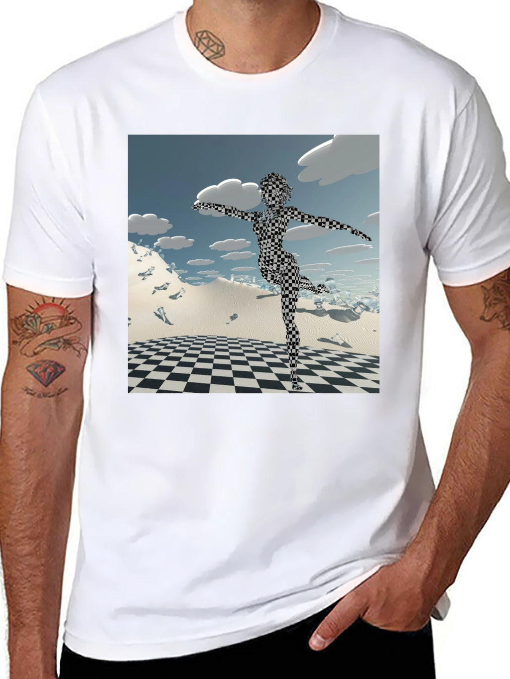 Abstract Black Tee: Checkered Figure
