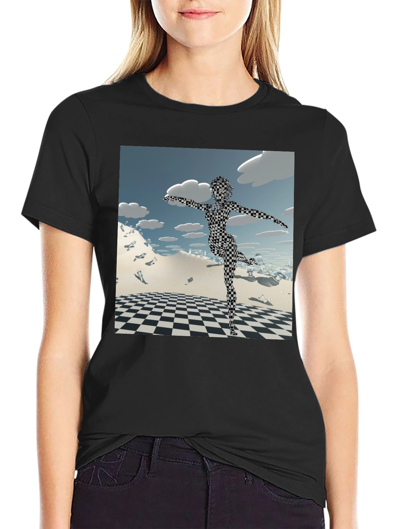 Abstract Black Tee: Checkered Figure