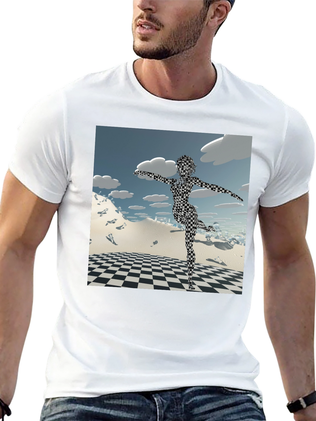 Abstract Black Tee: Checkered Figure