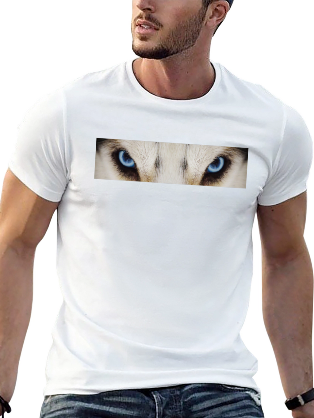 Black T-Shirt with Striking Wolf Eyes Graphic Print
