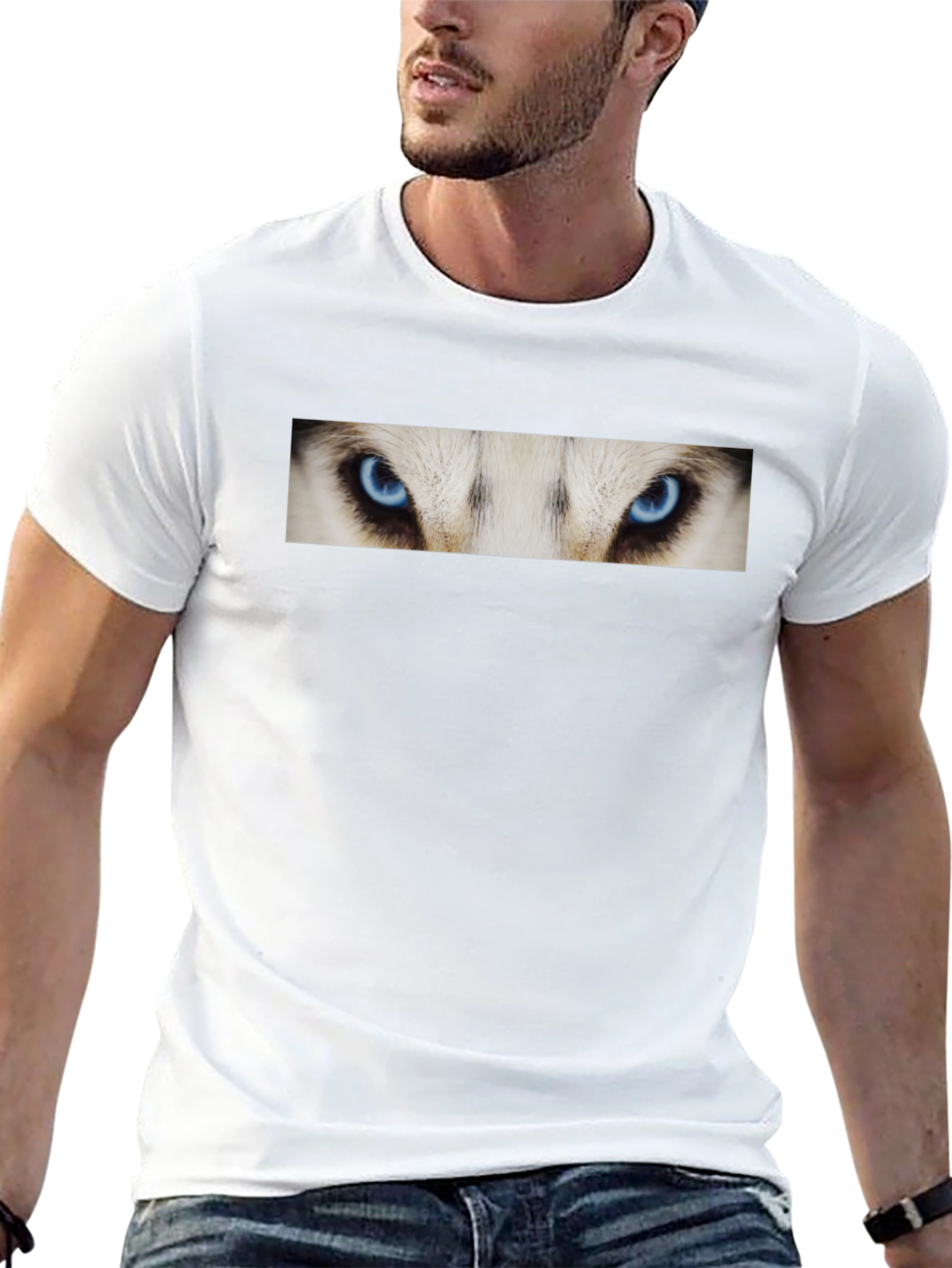 Black T-Shirt with Striking Wolf Eyes Graphic Print