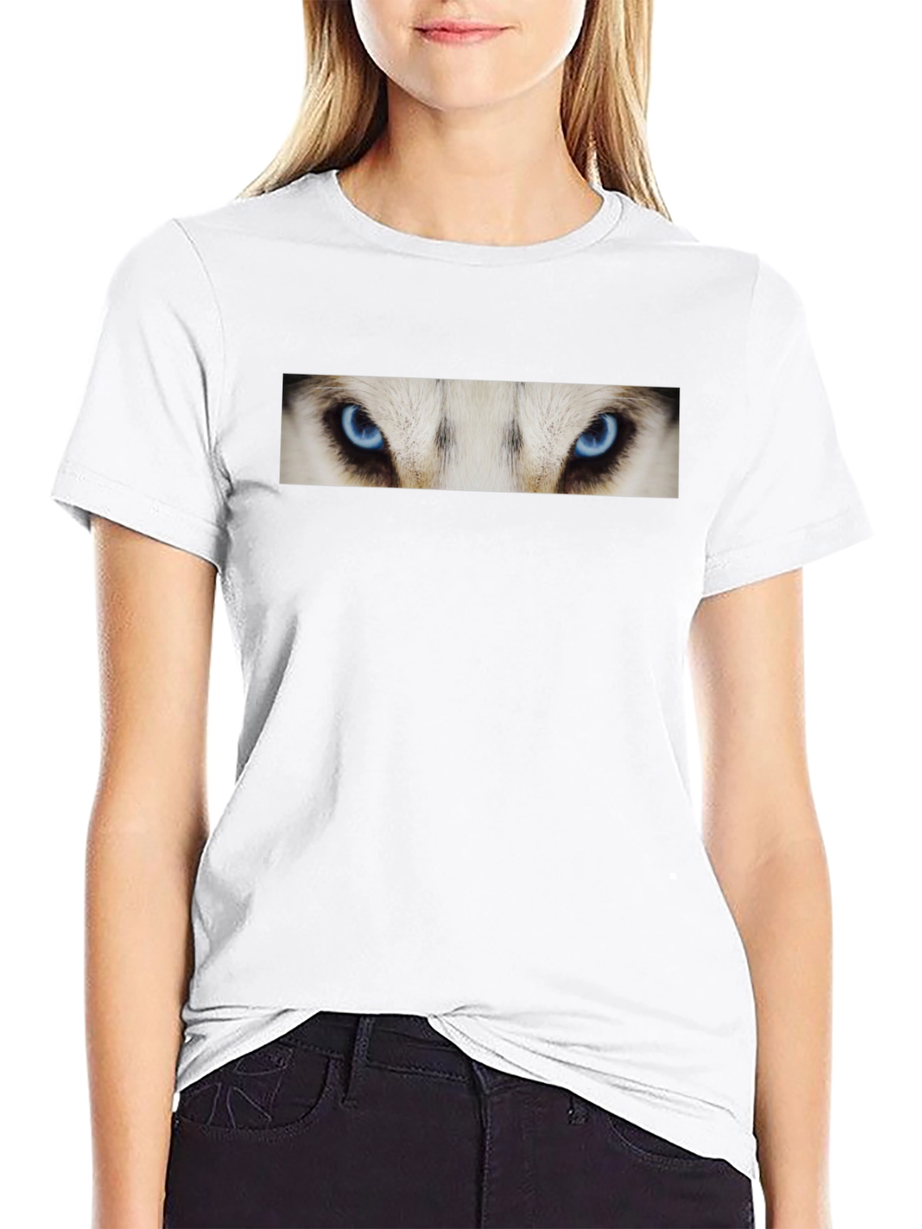 Black T-Shirt with Striking Wolf Eyes Graphic Print