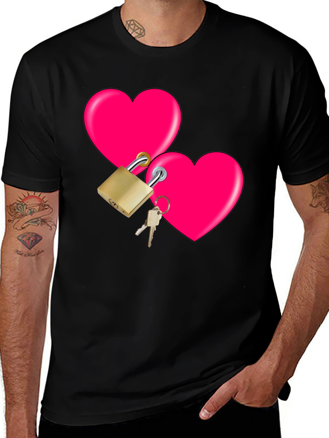 Locked Hearts Graphic Tee - Black Cotton T-Shirt