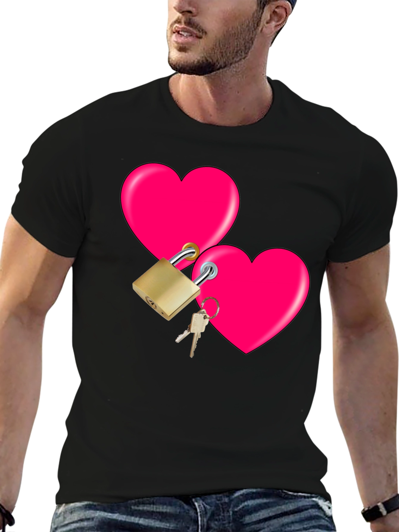 Locked Hearts Graphic Tee - Black Cotton T-Shirt