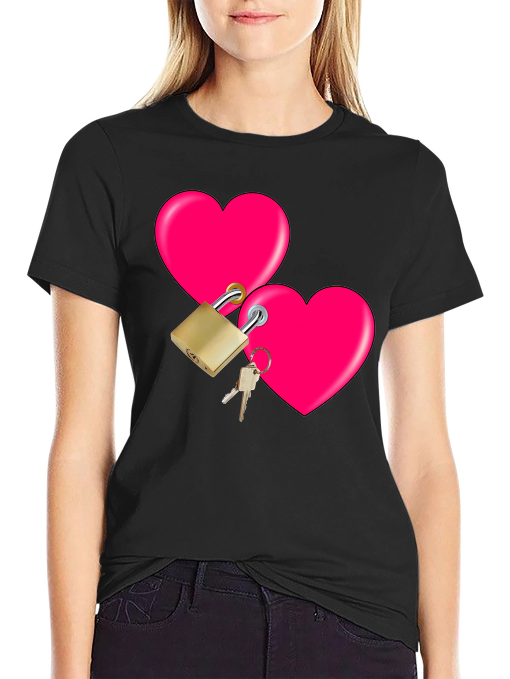 Locked Hearts Graphic Tee - Black Cotton T-Shirt