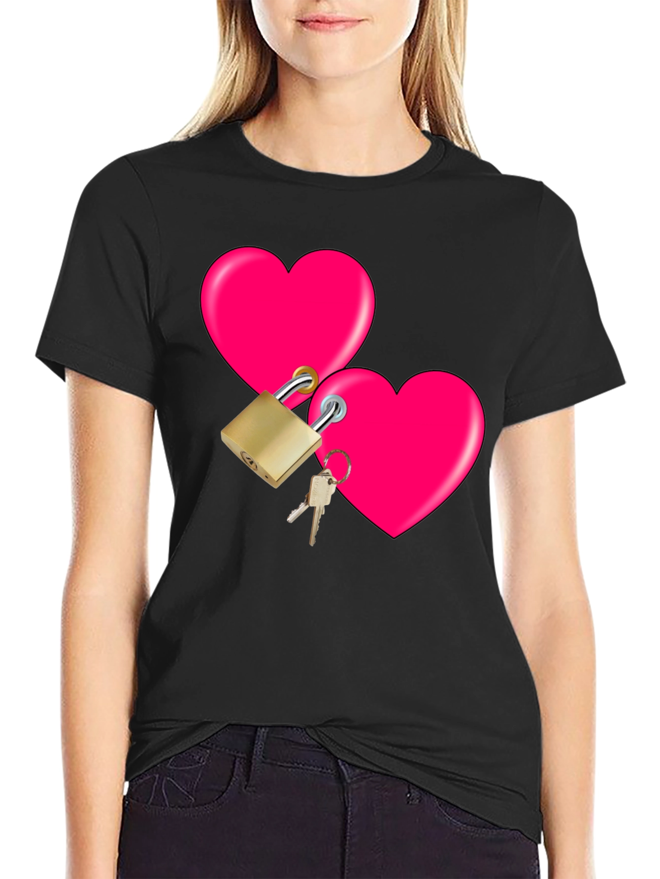 Locked Hearts Graphic Tee - Black Cotton T-Shirt