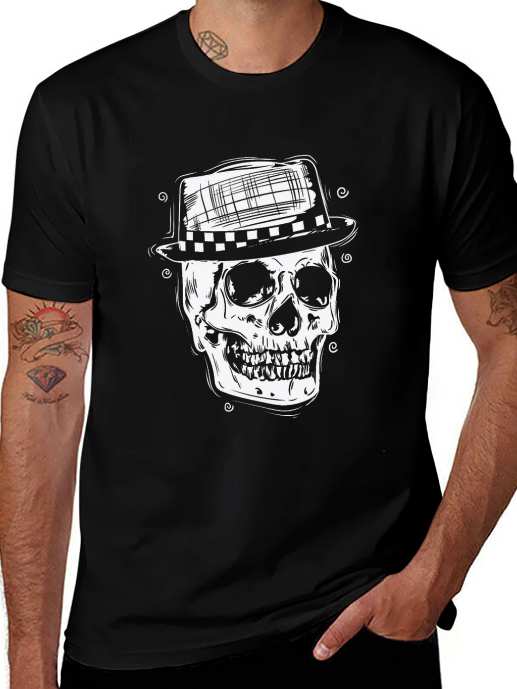 Skull in Hat Graphic Tee - Mens Black T-Shirt