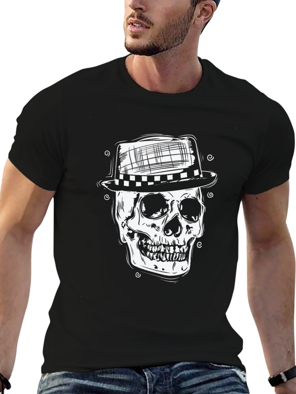 Skull in Hat Graphic Tee - Mens Black T-Shirt