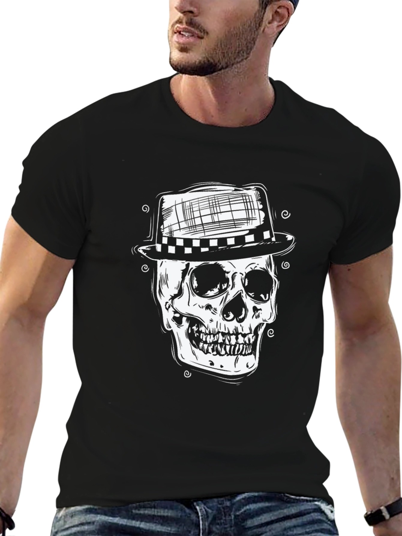 Skull in Hat Graphic Tee - Mens Black T-Shirt