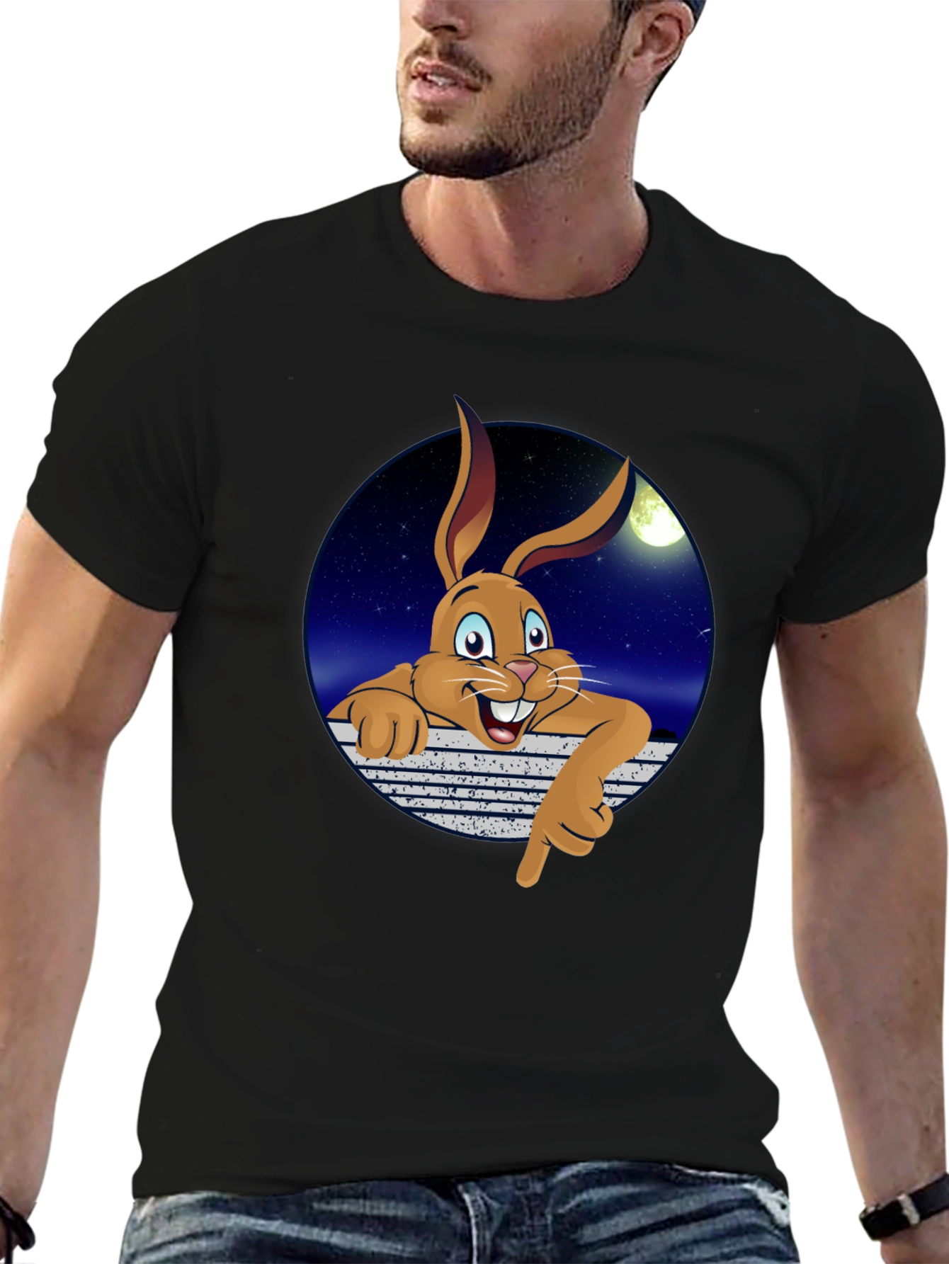 Cartoon Bunny Graphic T-Shirt - Black Crew Neck