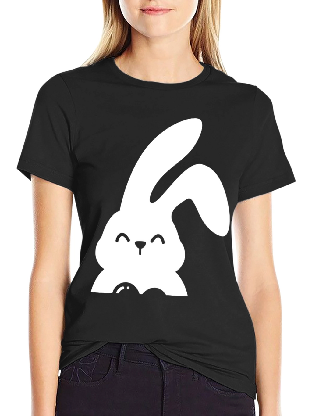 Cute Bunny Graphic Tee - Black Cotton Shirt