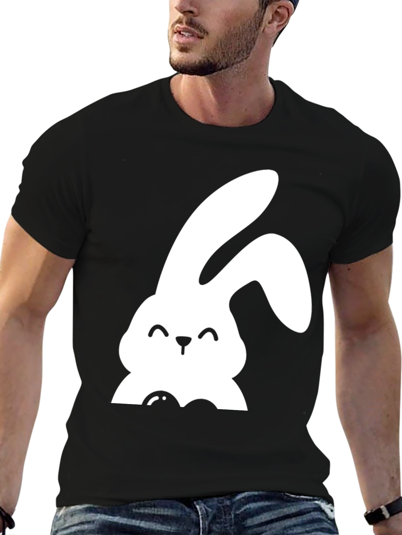 Cute Bunny Graphic Tee - Black Cotton Shirt