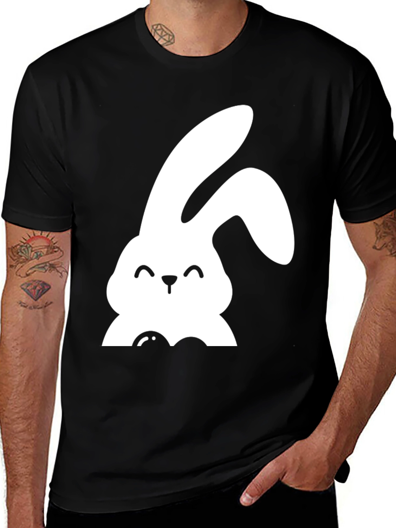 Cute Bunny Graphic Tee - Black Cotton Shirt
