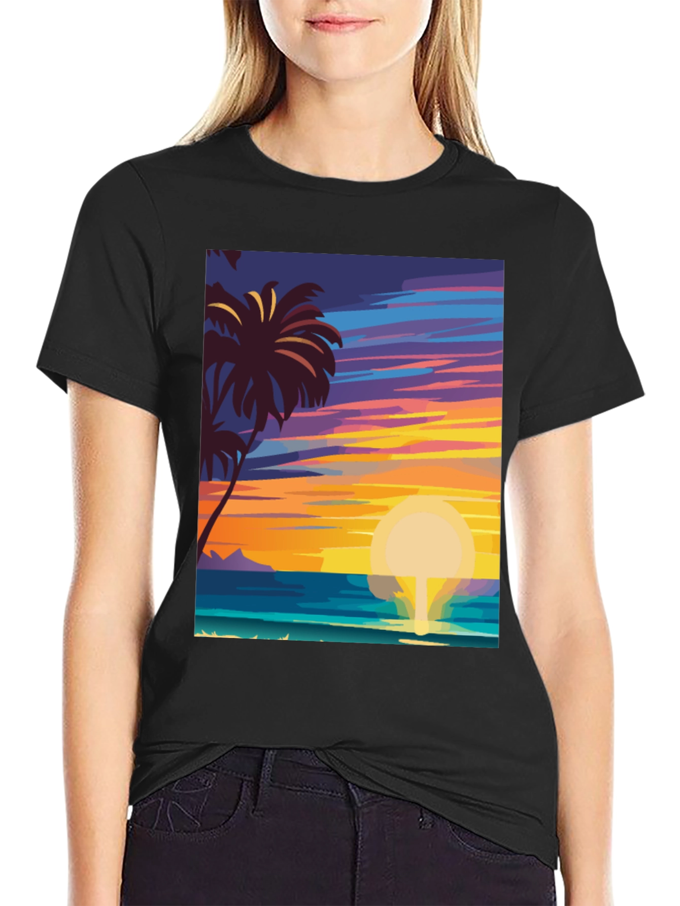 Tropical Sunset Graphic Tee - Island Vibes Black T-Shirt