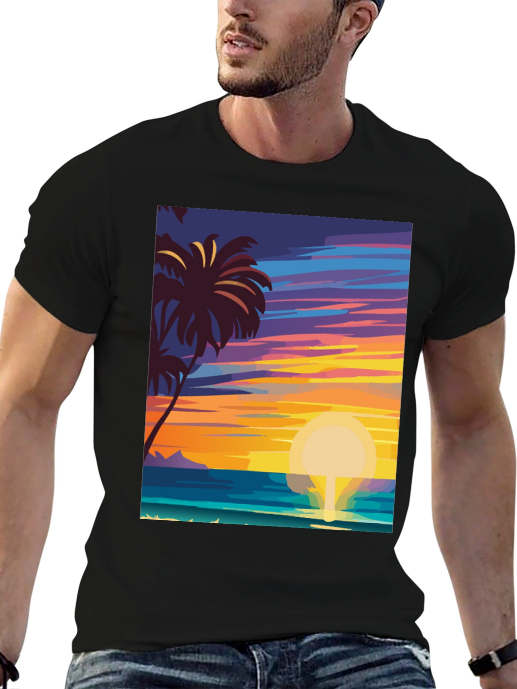 Tropical Sunset Graphic Tee - Island Vibes Black T-Shirt