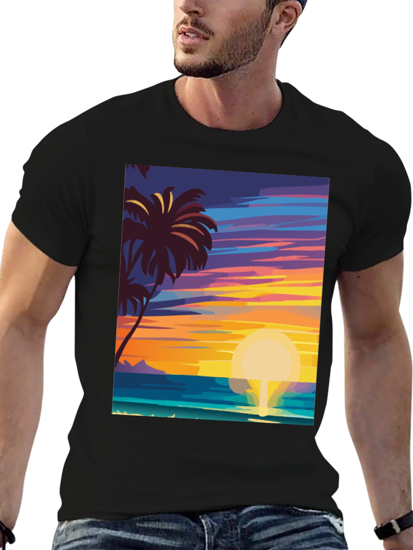 Tropical Sunset Graphic Tee - Island Vibes Black T-Shirt