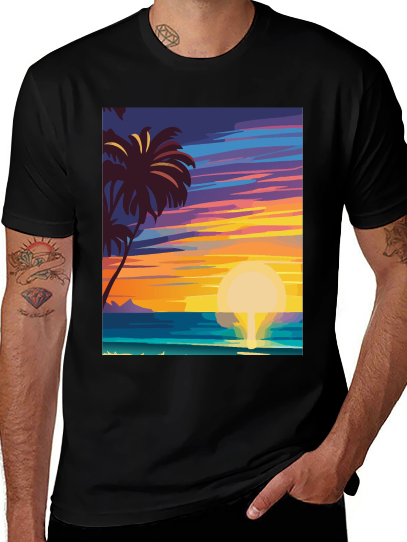 Tropical Sunset Graphic Tee - Island Vibes Black T-Shirt