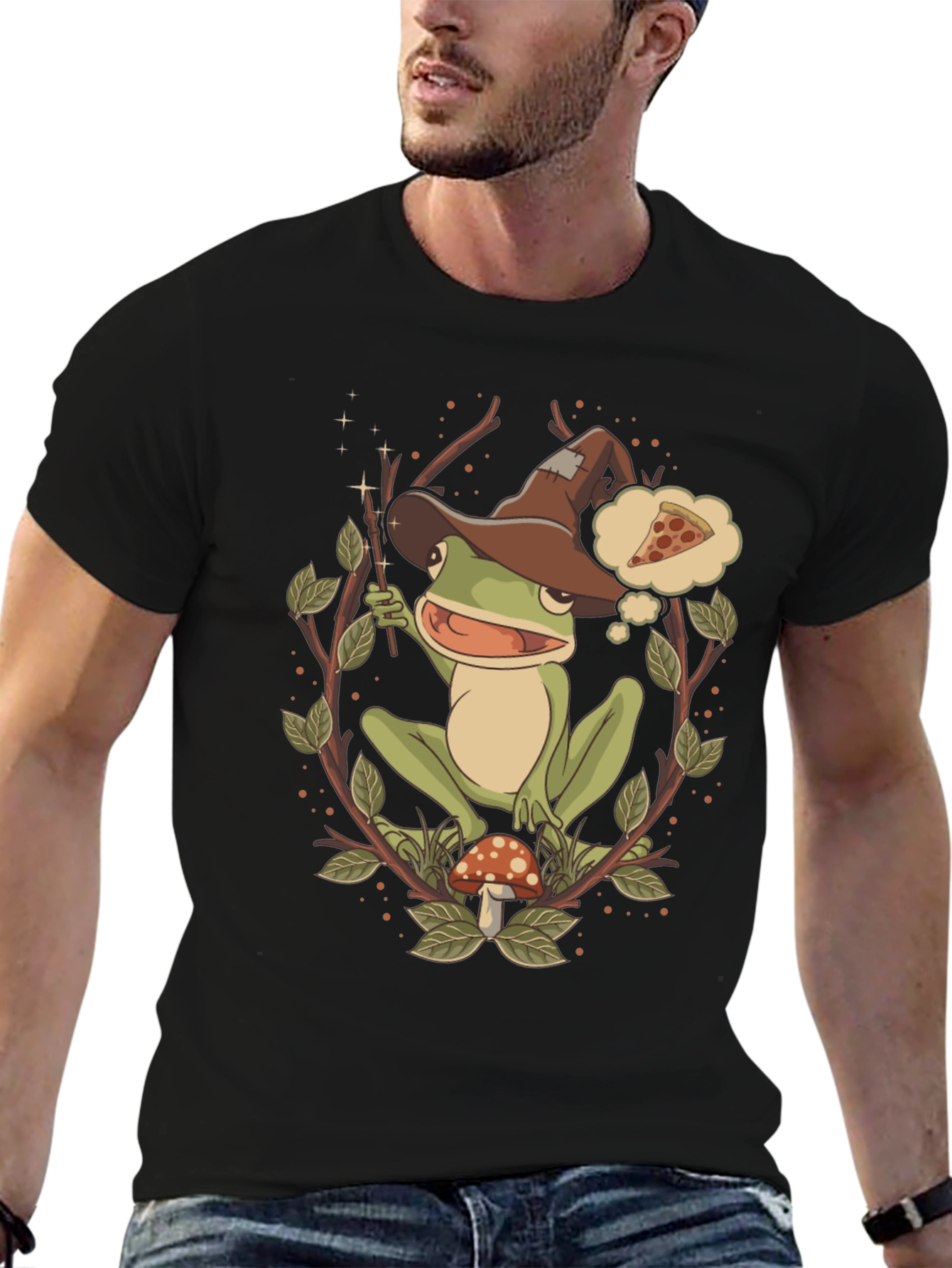 Wizard Frog Graphic Tee - Enchanted Pizza Dream