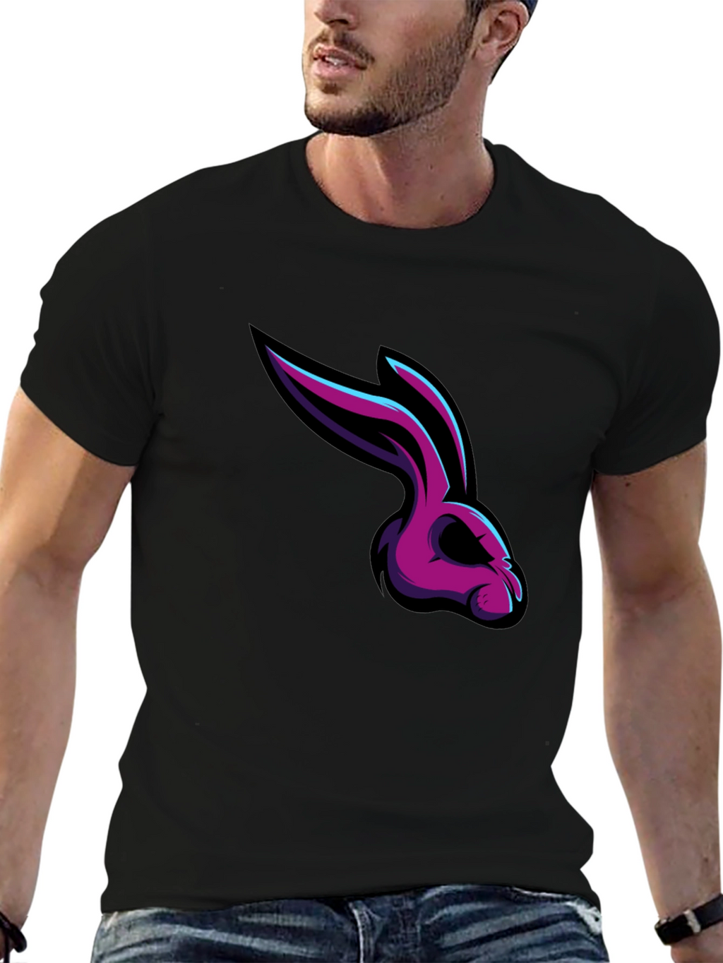 Mens Black T-Shirt with Rabbit Graphic