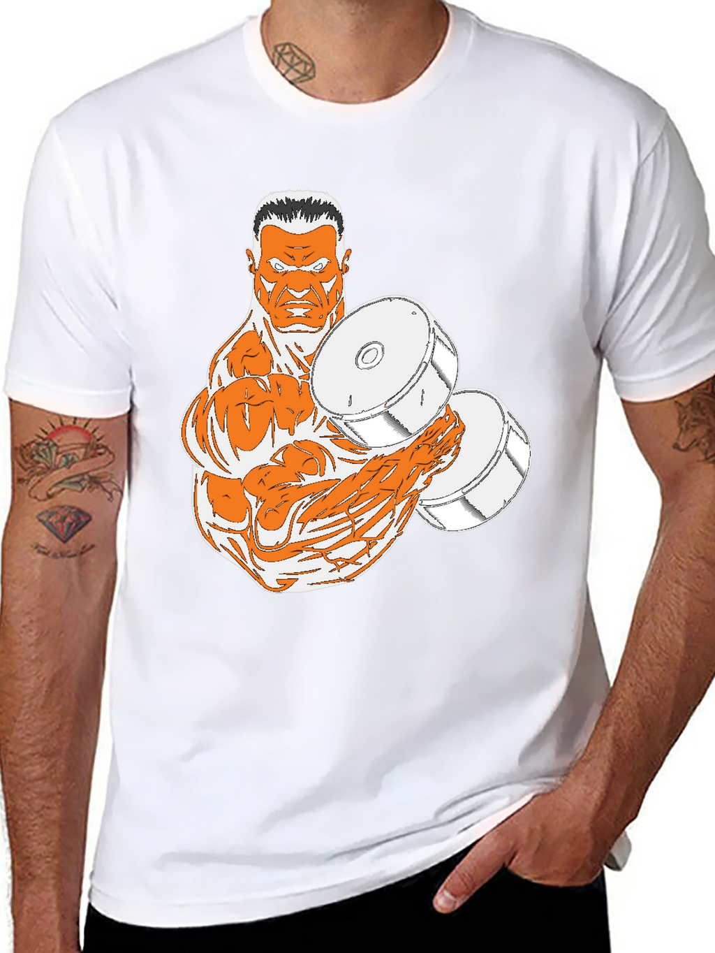 Black T-Shirt with Muscular Weightlifter Design