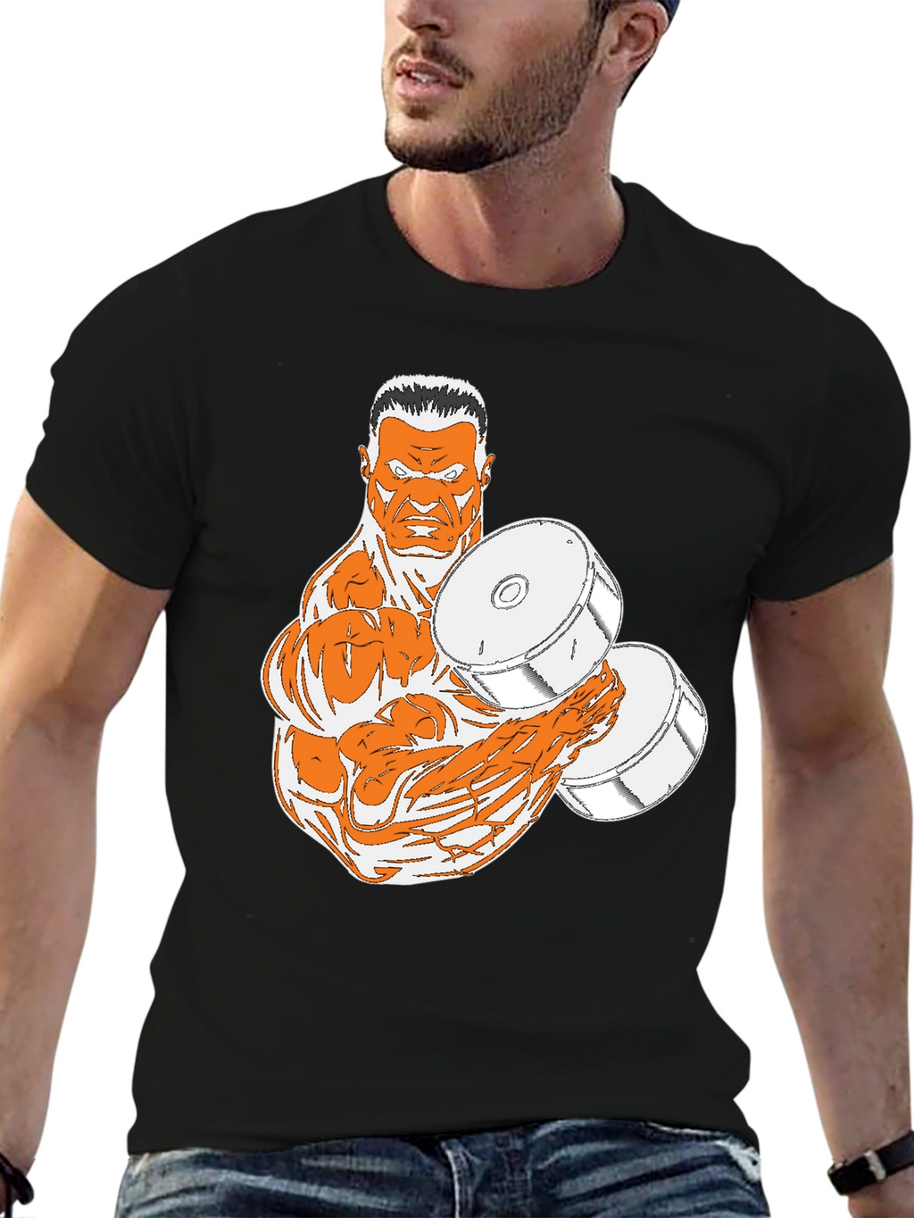 Black T-Shirt with Muscular Weightlifter Design