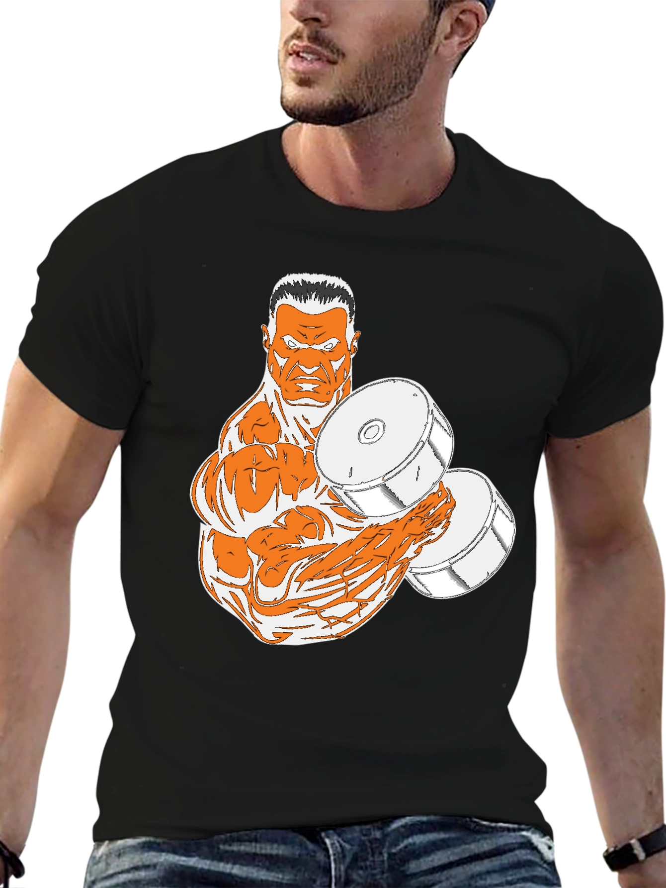 Black T-Shirt with Muscular Weightlifter Design