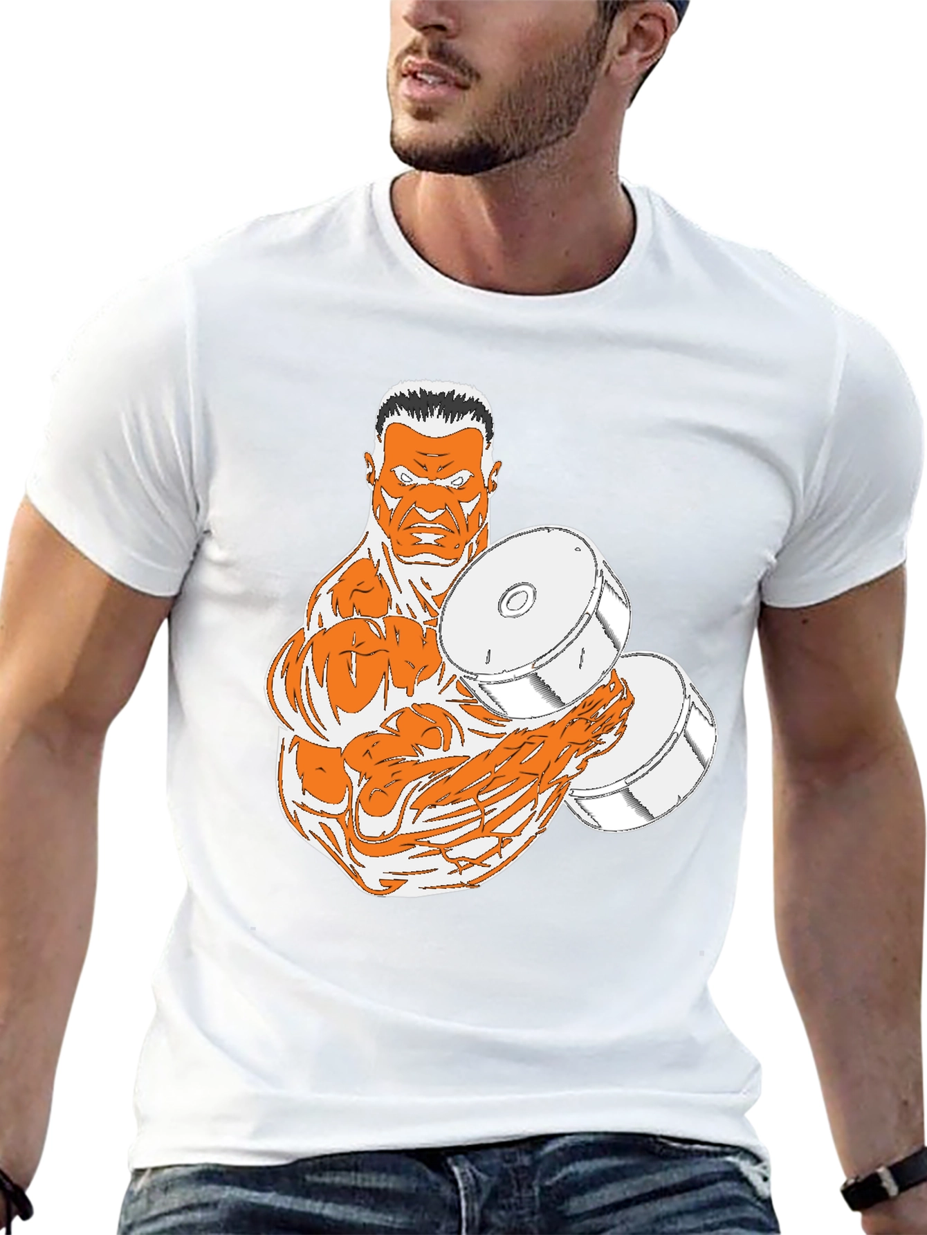 Black T-Shirt with Muscular Weightlifter Design
