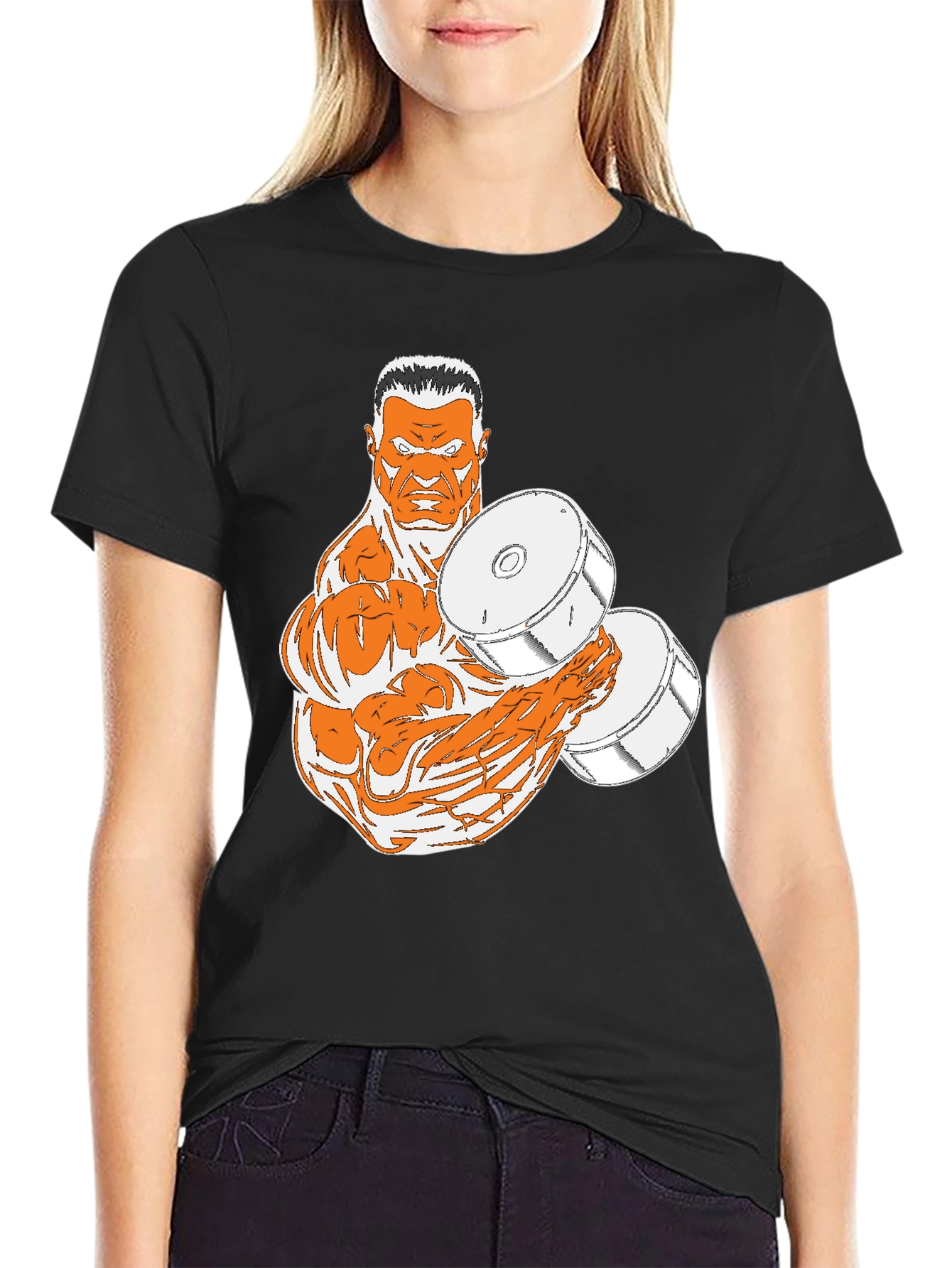 Black T-Shirt with Muscular Weightlifter Design
