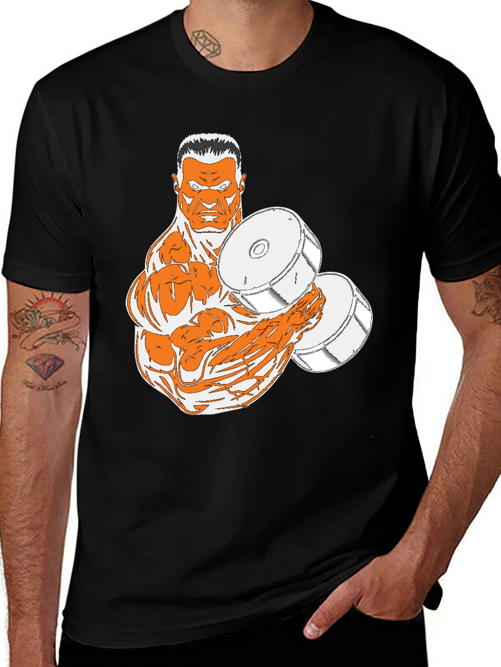 Black T-Shirt with Muscular Weightlifter Design