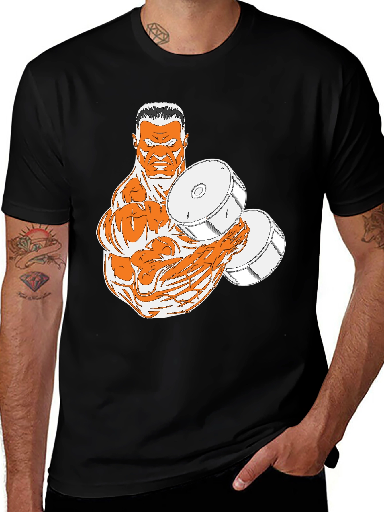 Black T-Shirt with Muscular Weightlifter Design