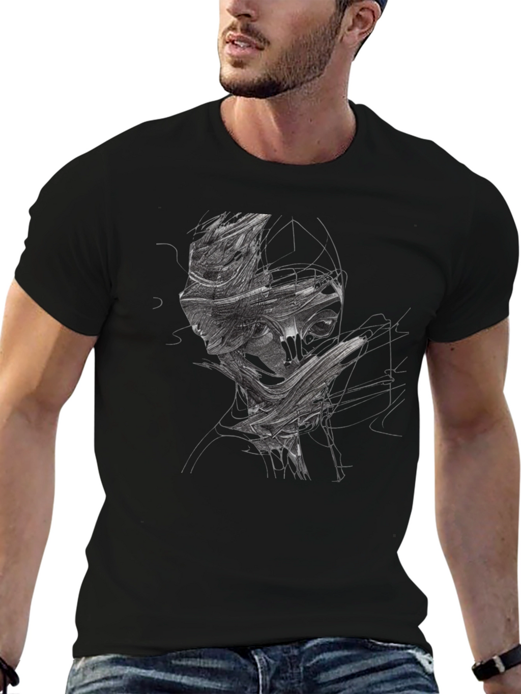 Abstract Face Graphic Print Black T-Shirt