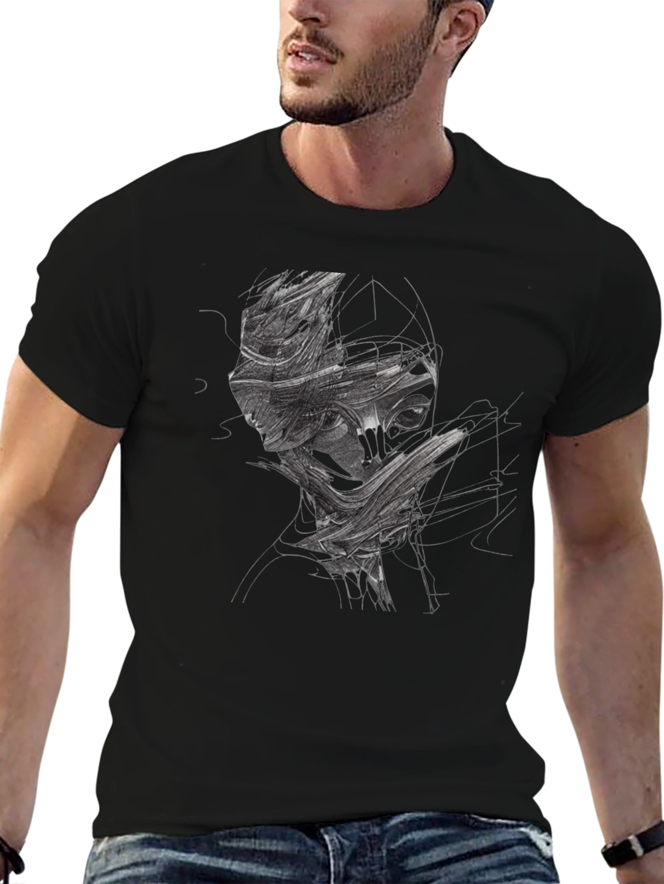 Abstract Face Graphic Print Black T-Shirt