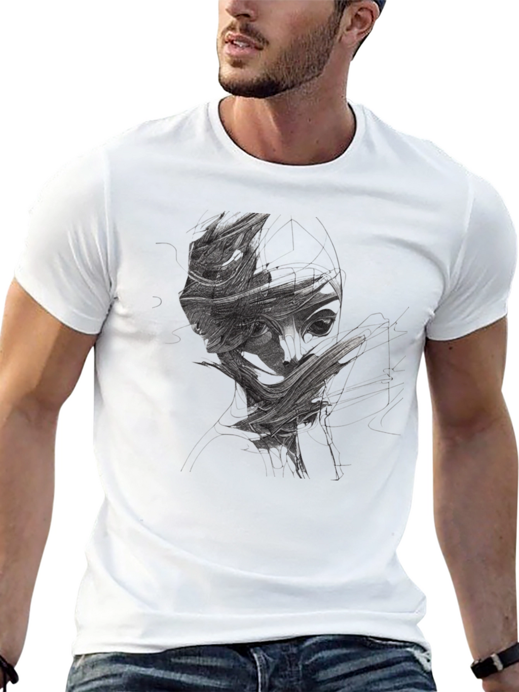 Abstract Face Graphic Print Black T-Shirt