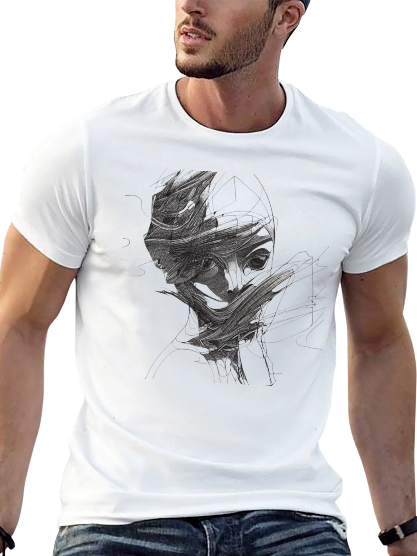 Abstract Face Graphic Print Black T-Shirt