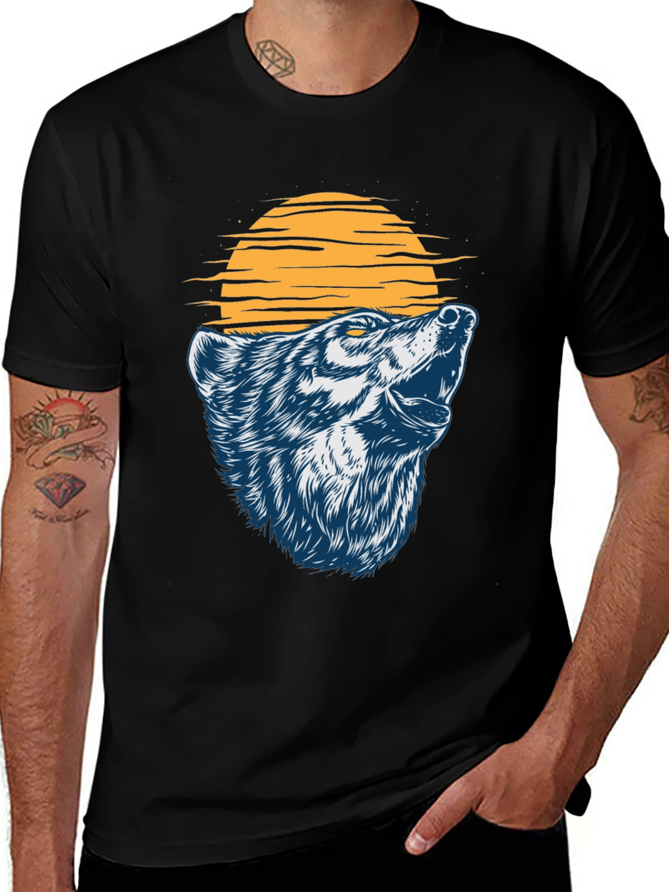 Wolf Howling at the Moon Graphic T-Shirt - Black