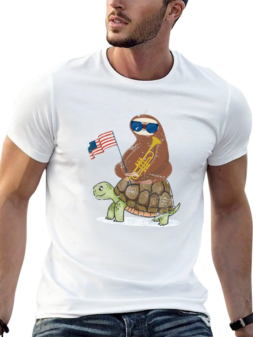 Sloth Riding Turtle 4th of July Graphic Tee